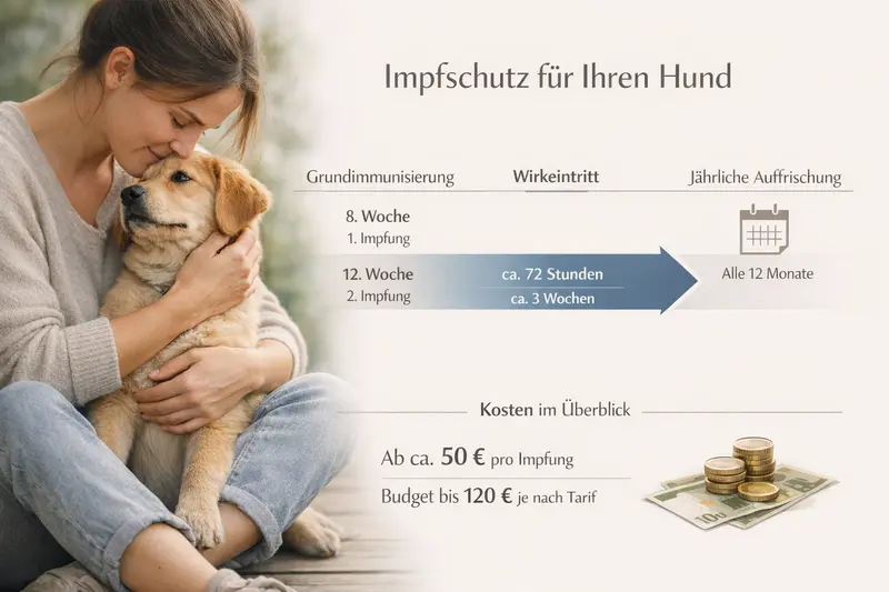 Infografik zur Grundimmunisierung von Hunden mit Zeitangaben für Impfungen und Auffrischungen sowie ungefähren Kosten