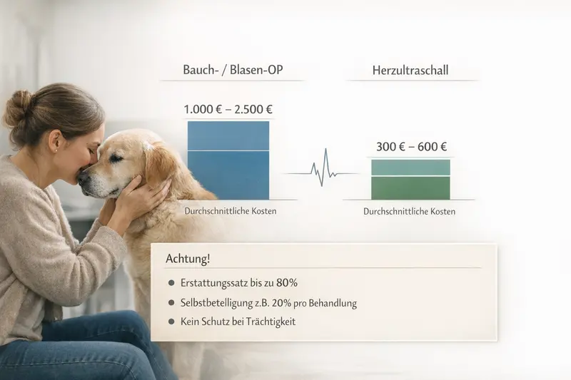 Infografik zu den Kosten für Bauch- und Blasenuntersuchungen im Vergleich zu Herzultraschall bei Hunden.
