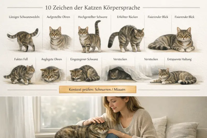 Infografik über die Körpersprache von Katzen mit 10 Zeichen und einem Hinweis zur Bedeutung von Schnurren und Miauen.