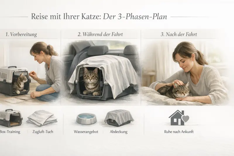 Infografik zeigt einen 3-Phasen-Plan für die Reisevorbereitung mit Katzen, inklusive Box-Training und Wasserangebot.