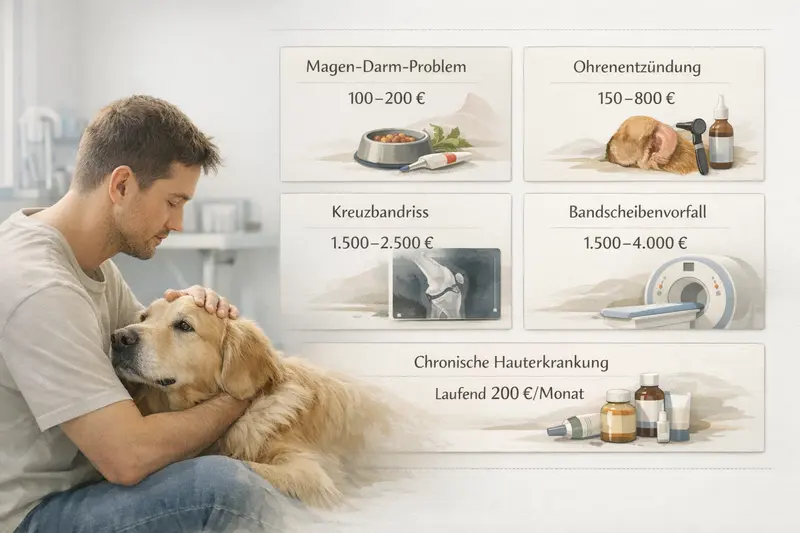 Infografik zu häufigen Hunde-Beschwerden mit entsprechenden Kostenkorridoren für Tierarztbesuche.