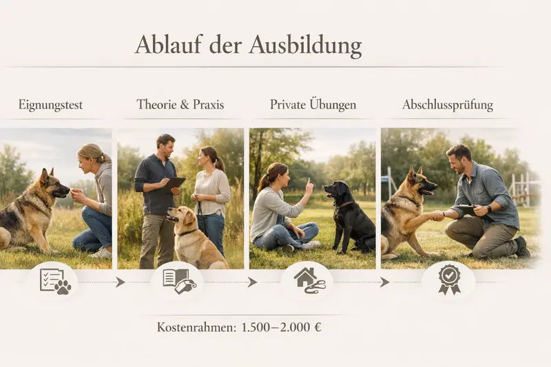 Infografik, die den Ablauf der Hundeausbildung mit Eignungstest, Theorie, Praxis, privaten Übungen und Abschlussprüfung darstellt.