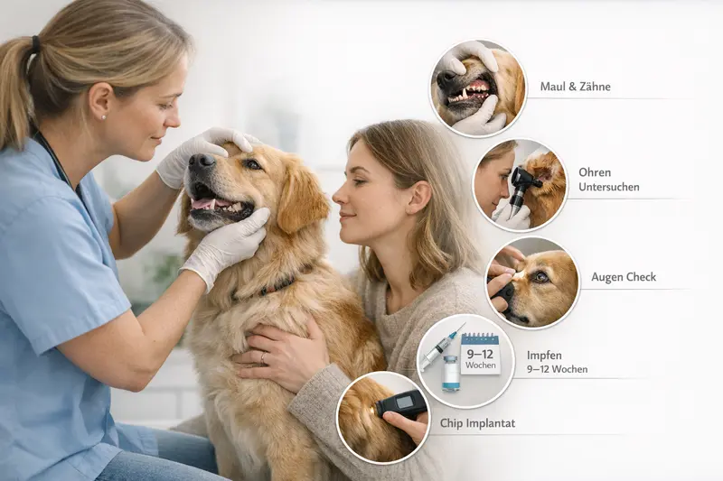 Illustration des Ablaufs des ersten Termins beim Tierarzt für Hunde, inclusief Untersuchung von Maul, Zähnen, Ohren, Augen sowie Impfungen und Chip.