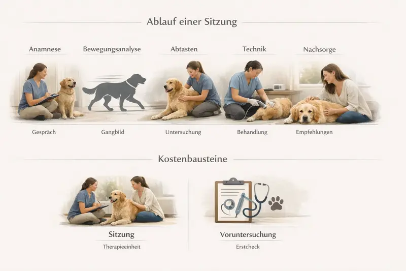 Infografik über den Ablauf einer tiermedizinischen Sitzung für Hunde mit Anamnese, Bewegungsanalyse, Abtasten, Technik und Nachsorge sowie Kostenbausteinen.