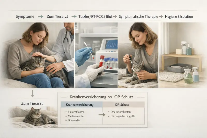 Infografik, die den Ablauf von Symptomen zur Behandlung einer Katze zeigt.