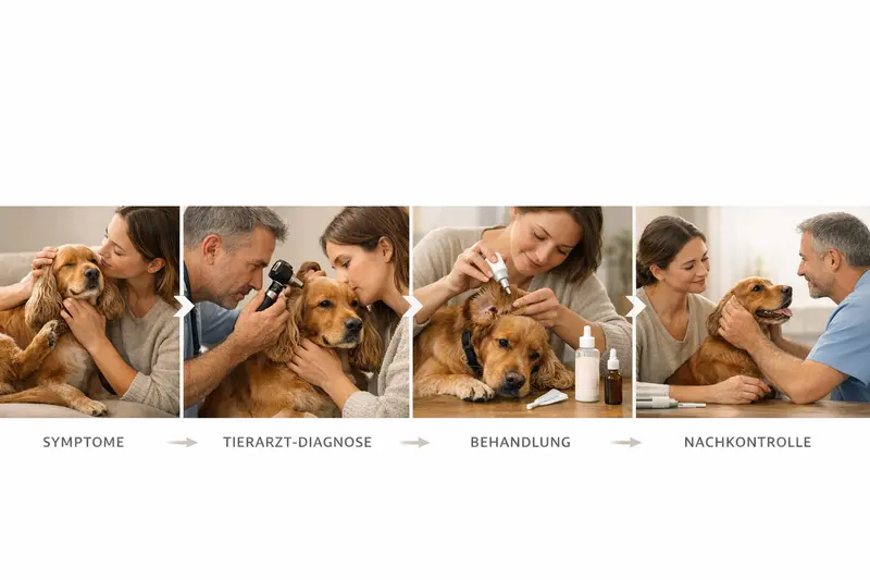 Infografik zeigt den Ablauf von Symptomen über die Tierarzt-Diagnose bis zur Behandlung und Nachkontrolle bei Hunden.