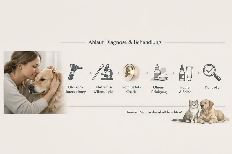 Illustration des diagnostischen Ablaufs bei Ohrenerkrankungen bei Hunden.