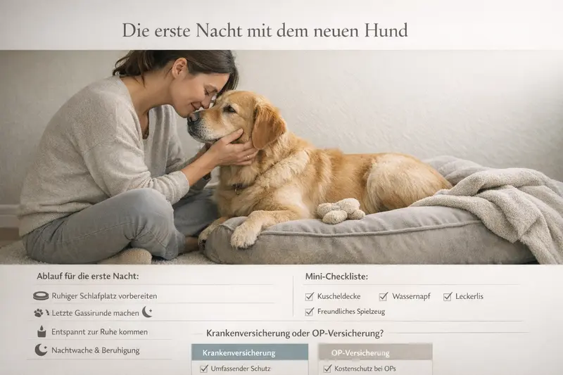 Infografik mit Ablaufplan für die erste Nacht mit einem Hund und einer Mini-Checkliste.