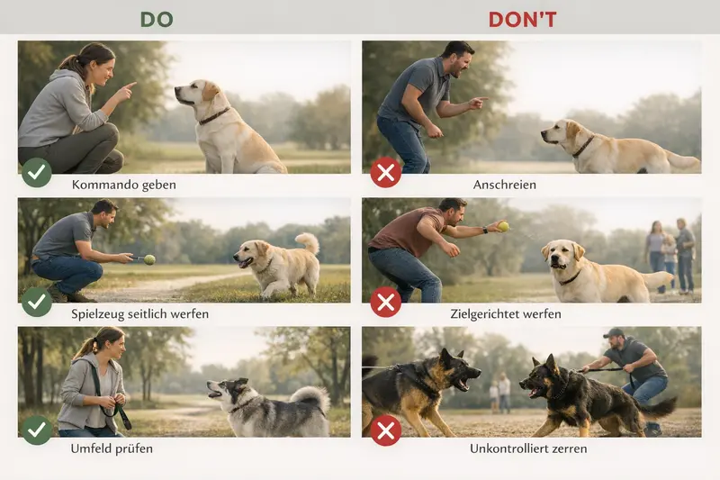 Eine Infografik zeigt die Do's und Don'ts in der Hundeerziehung, wie Kommando statt Schreien.