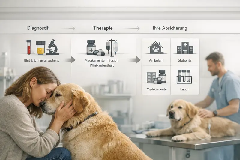 Infografik zur Diagnostik und Therapie für Hunde mit Fokus auf tierärztliche Leistungen und passende Versicherungen.