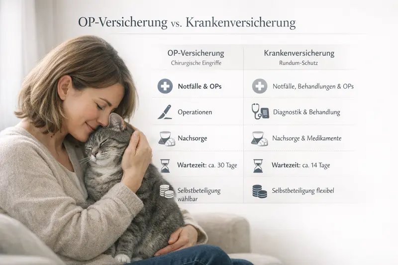 Infografik, die die Unterschiede zwischen OP-Versicherung und Krankenversicherung für Katzen zeigt, mit Fokus auf Notfall, OP, Diagnostik, Nachsorge, Wartezeit und Selbstbeteiligung.