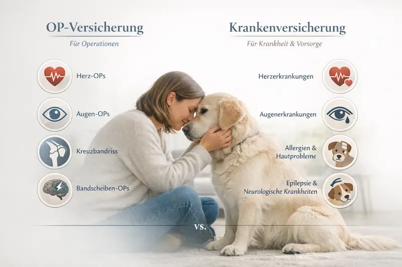 Infografik vergleicht OP-Versicherung und Krankenversicherung für Hunde und zeigt rassetypische Gesundheitsrisiken.