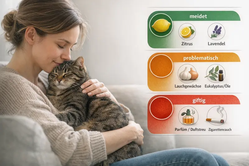 Infografik einer Risikoampel für giftige Pflanzen und Substanzen für Katzen.