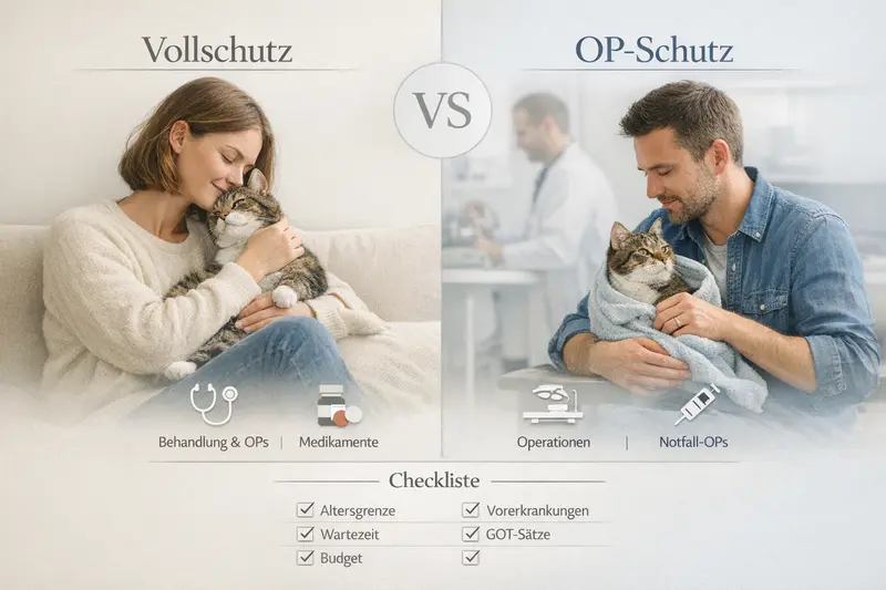 Infografik vergleicht Vollschutz- und OP-Schutz-Versicherung für Katzen mit Checkliste.