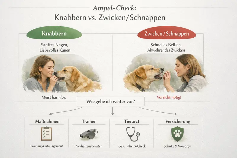 Infografik zeigt Ampel-Check für das Knabbern und Zwicken bei Hunden mit Entscheidungsbaum.