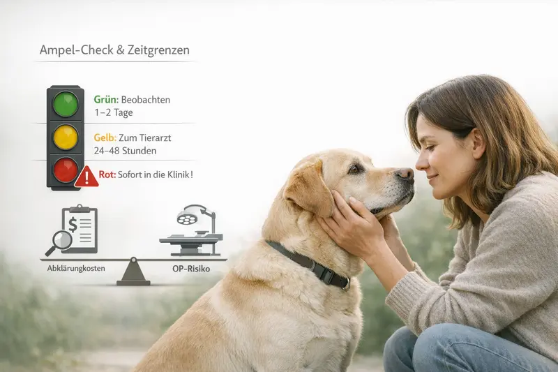 Infografik zeigt den Ampel-Check für abklärungsbedürftige Symptome bei Hunden mit Warnzeichen und Zeitgrenzen.