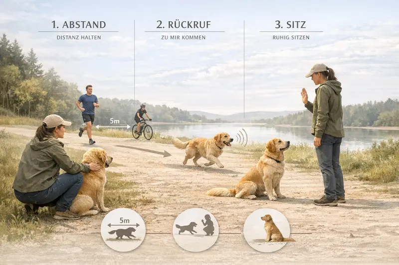 Ein Hund, der auf ein Signal eines Joggers reagiert und Rückrufcommands befolgt.
