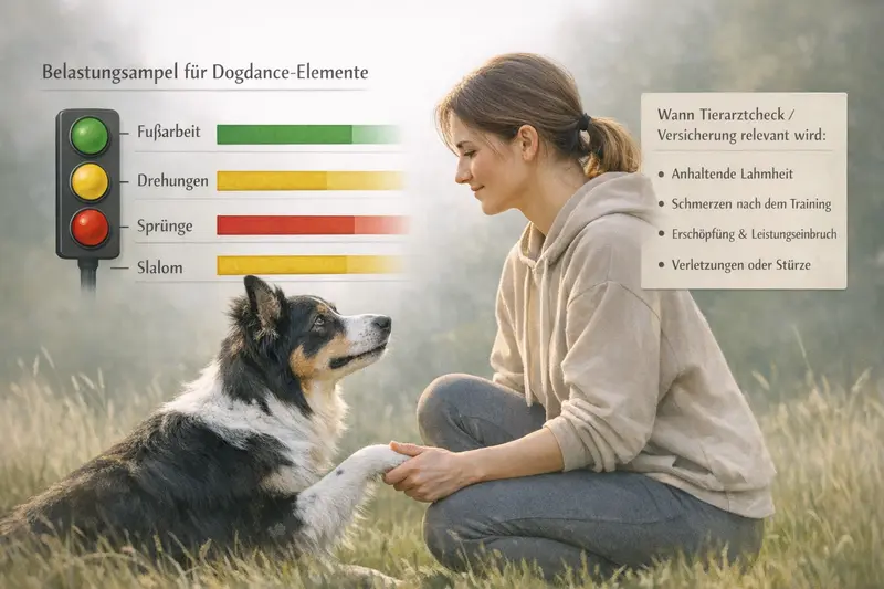 Infografik zeigt die Belastungsampel für Dogdance-Elemente wie Fußarbeit und Sprünge mit einem Hinweis auf Tierarztchecks.