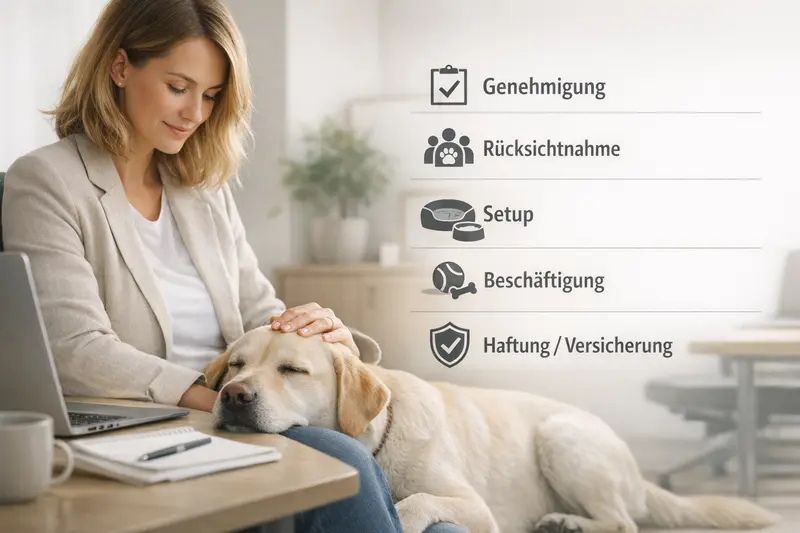 Eine Infografik zeigt eine Checkliste für das Halten eines Bürohundes, einschließlich Genehmigung, Rücksichtnahme, Setup, Beschäftigung und Haftung.
