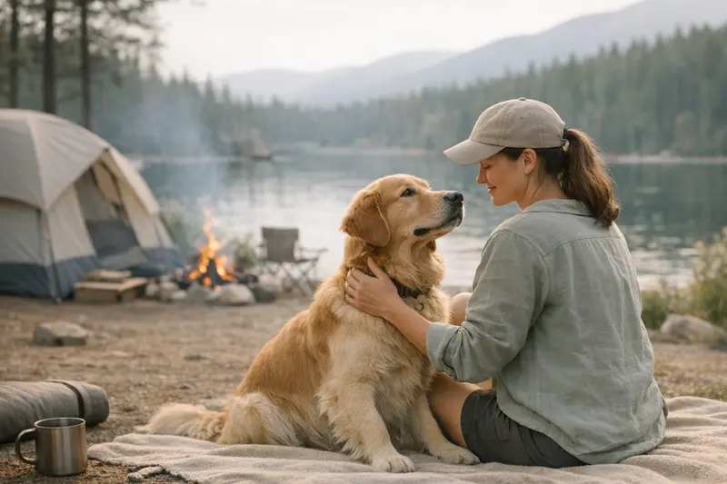 Illustration einer Camping-Checkliste und Risiko-Map für Hundebesitzer