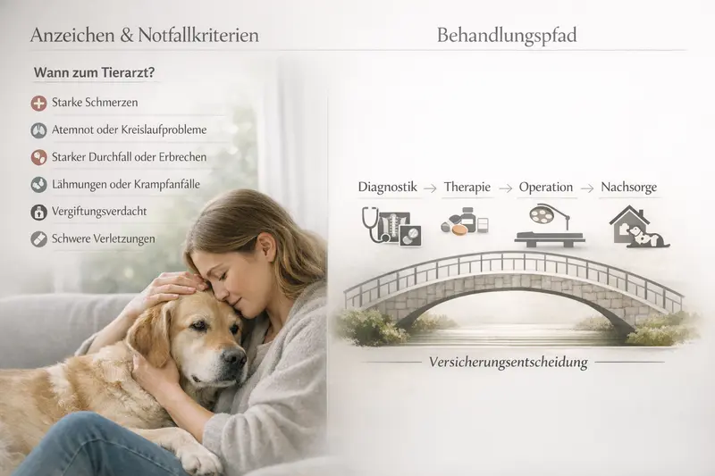 Infografik mit Checkliste zu Anzeichen und Notfallkriterien bei Hunden sowie vereinfachtem Behandlungspfad.