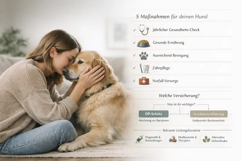 Infografik mit Checkliste der 5 Maßnahmen für Hundebesitzer und einem kurzen Versicherungs-Entscheidungsbaum.