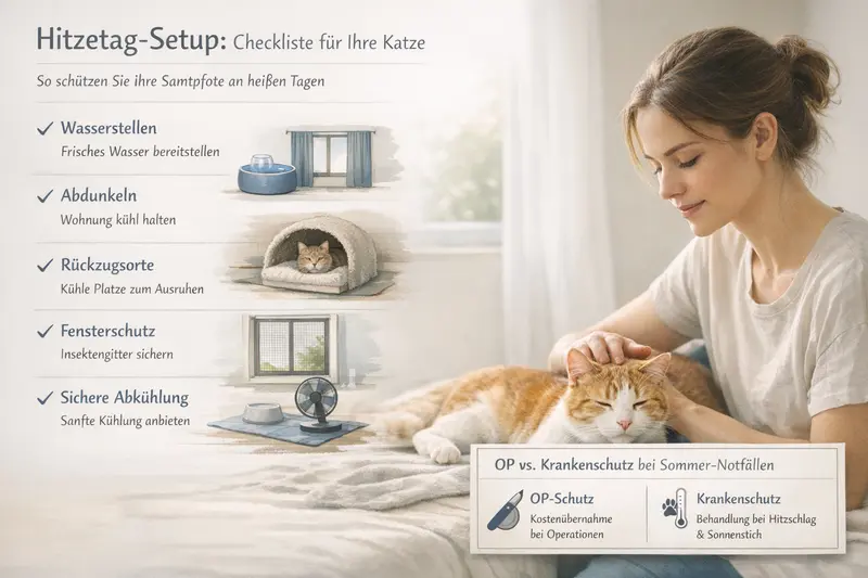 Infografik zur Hitzetag-Checkliste für Katzen mit Wasserstellen, Abdunkeln und weiteren Tipps.