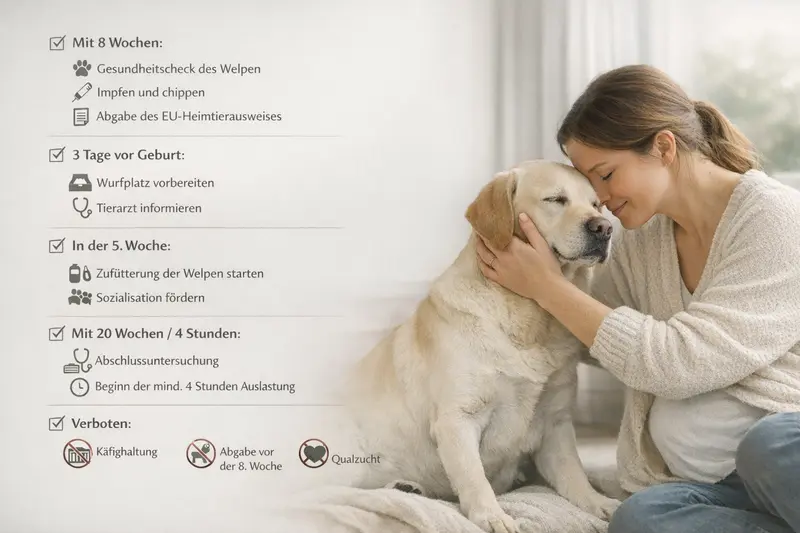 Infografik zur Checkliste von Halter- und Züchterpflichten für Hunde in verschiedenen Lebensphasen.