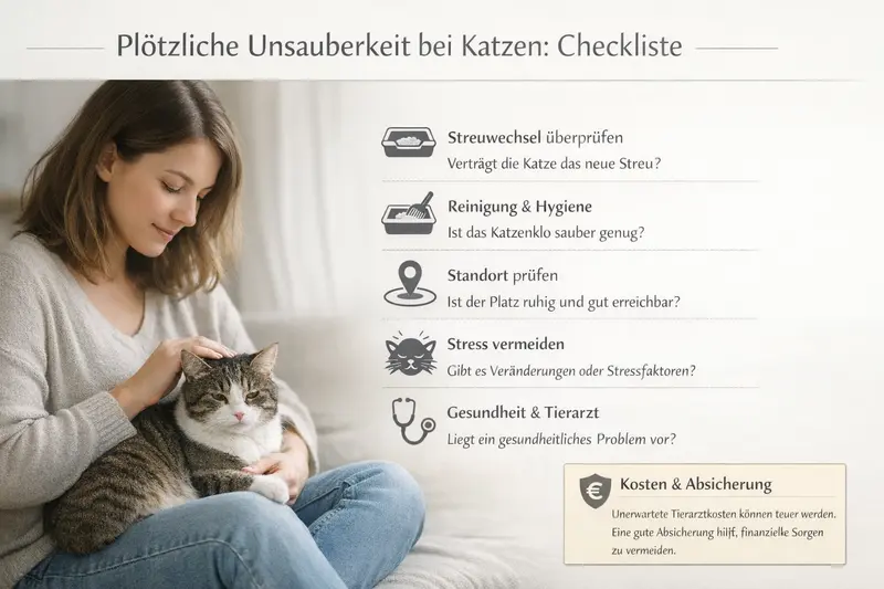 Illustration einer Checkliste zur plötzlichen Unsauberkeit bei Katzen mit Themen wie Streuwechsel, Reinigung, Stress und Gesundheit.