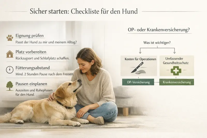 Eine Infografik mit einer Checkliste zur sicheren Vorbereitung für Hundebesitzer, einschließlich Eignung und Fütterungsabständen.