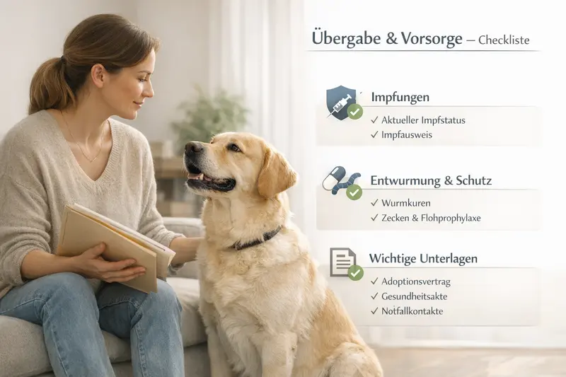 Checkliste zur Übergabe und Vorsorge für Hunde mit Impfungen, Entwurmung und notwendigen Unterlagen.