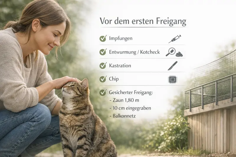 Infografik zur Checkliste für den ersten Freigang einer Katze, inklusive Anforderungen wie Impfungen und Chip.