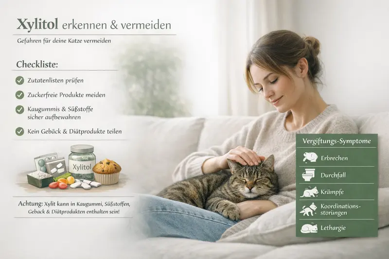 Infografik zur Xylitol-Erkennung und -Vermeidung mit Symptomen für Katzen.