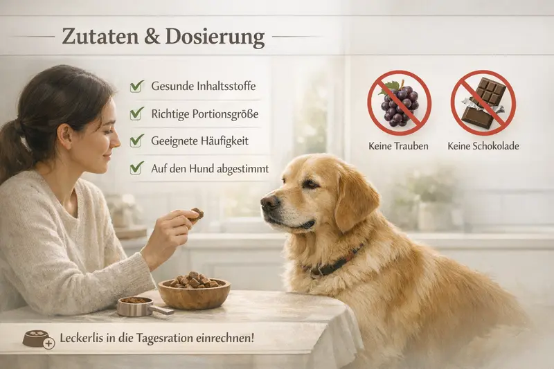 Infografik zur Checkliste von Zutaten und Dosierung für Hundeleckerlis, inklusive Warnsymbole für Trauben und Schokolade.