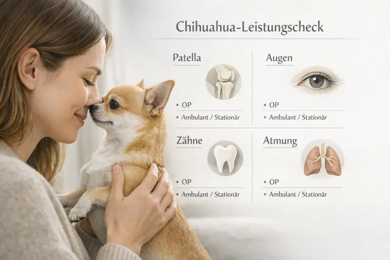 Infografik zeigt die vier Risikofelder für Chihuahua-Gesundheit: Patella, Augen, Zähne und Atmung, sowie Behandlungsoptionen.
