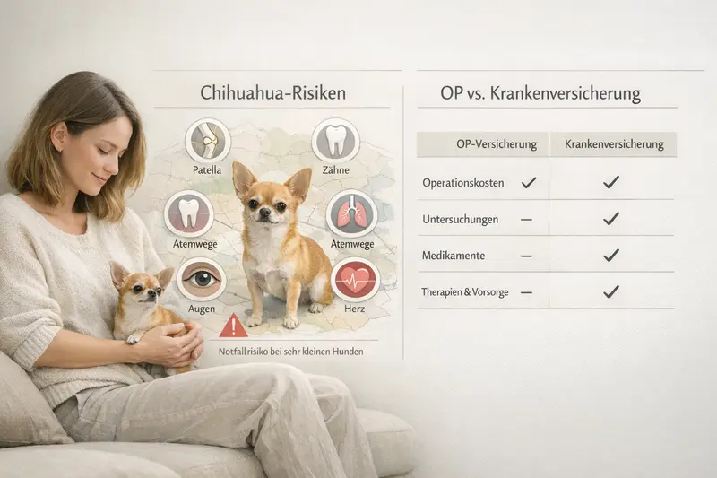Infografik zur Risikokarte von Chihuahuas, die wichtige Gesundheitsrisiken wie Patella, Zähne und Herz zeigt.