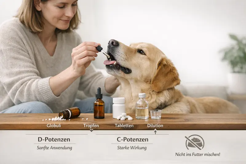 Infografik über verschiedene Darreichungsformen von D/C-Potenzen für Hunde mit dem Hinweis, diese nicht ins Futter zu mischen.