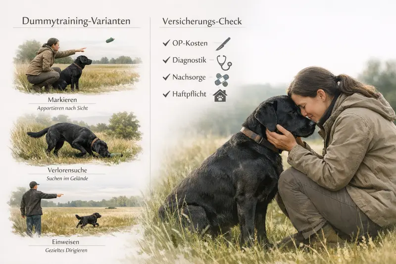 Illustration der drei Dummytraining-Varianten für Hunde mit einem kompakten Versicherungs-Check für Tierhalter.