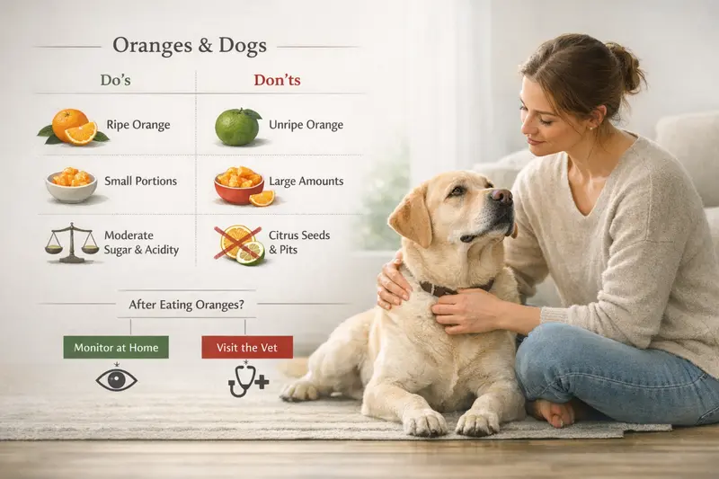 Infografik zeigt Do's und Don'ts bei der Fütterung von Orangen an Hunde.