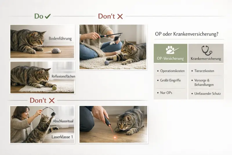 Eine Infografik zeigt Do's und Don'ts für Katzenbesitzer zur Tiergesundheit und zu Versicherungsentscheidungen.