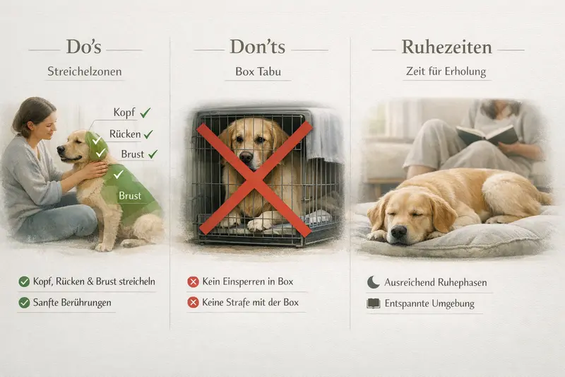 Infografik zeigt Streichelzonen und Tabubereiche für Hunde sowie Ruhezeiten.