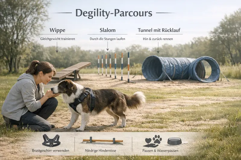 Illustration eines Degility-Parcours mit Wippe, Slalom und Tunnel, gekennzeichnet durch Sicherheits-Hinweise für Hundehalter.