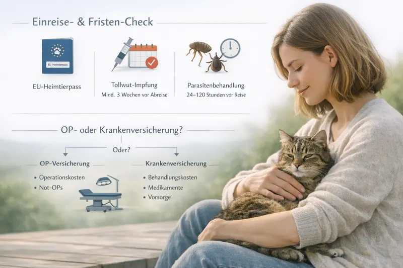 Infografik zur Einreise mit Katzen in der EU, inklusive Fristen für den EU-Heimtierpass und einem Entscheidungsbaum zu Versicherungsarten.