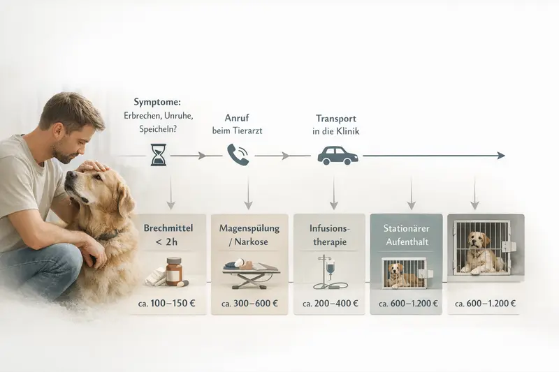 Entscheidungs- und Zeitstrahl für Hundebesitzer bei gesundheitlichen Symptomen