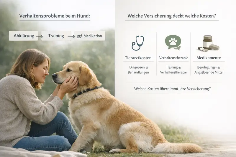 Infografik zu Entscheidungsbaum für Hundetraining und Medikation mit Versicherungsinformationen.