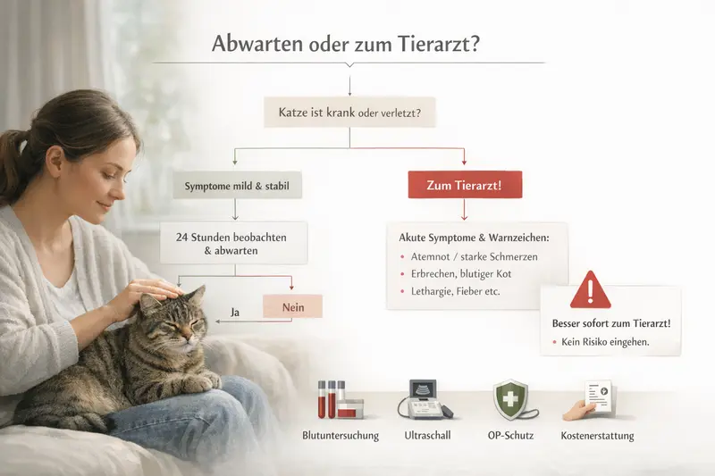 Illustration eines Entscheidungsbaums zur Abwägung zwischen Abwarten und Tierarztbesuch für Katzenbesitzer.