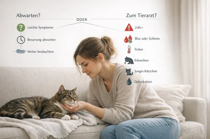 Entscheidungsbaum für Katzenhalter zur Abwägung zwischen Abwarten und Tierarztbesuch bei gesundheitlichen Warnzeichen.