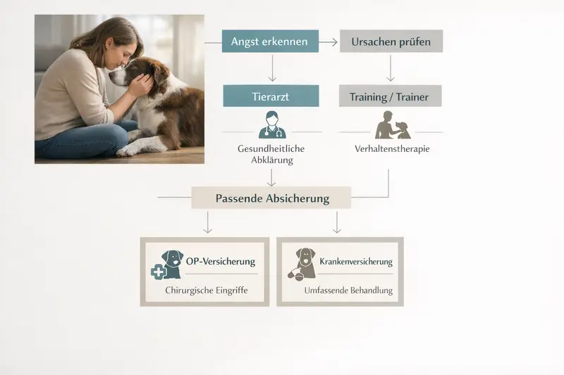 Infografik zur Erkennung von Angst bei Hunden und den nächsten Schritten.