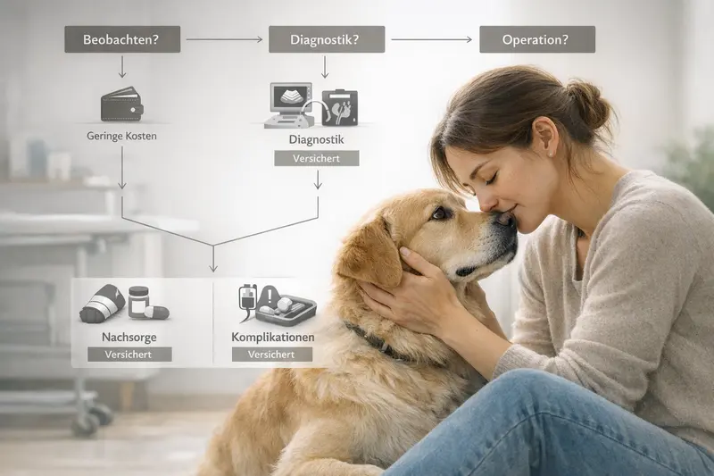 Entscheidungsbaum für Hundehalter zu Beobachtungen, Diagnostik und Operationen mit Kosten- und Versicherungsbausteinen.