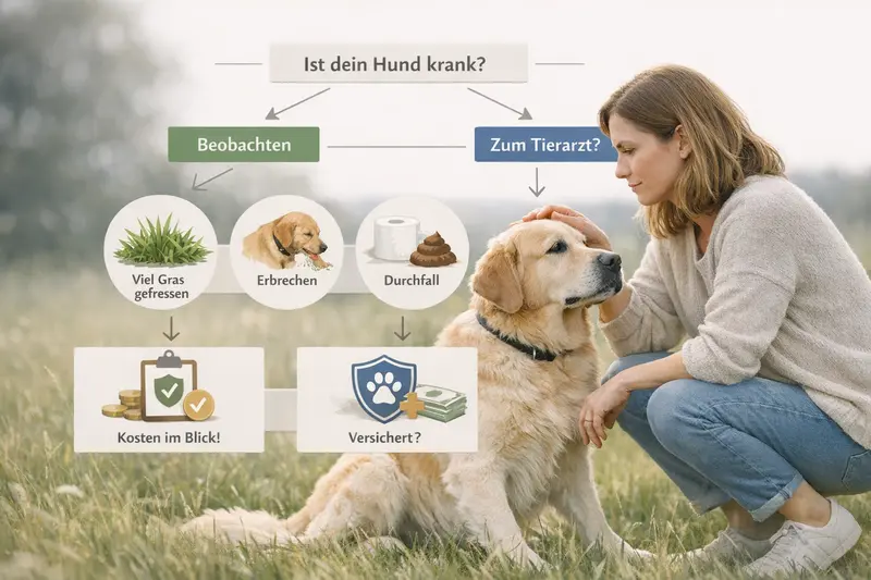 Infografik über den Entscheidungsbaum für Hundebesitzer: Beobachten oder Tierarzt aufsuchen bei Symptomen wie Erbrechen und Durchfall.